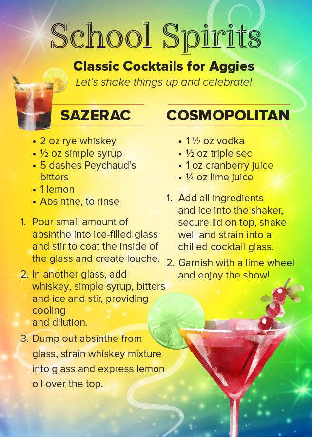 School Spirits; Classic Cocktails for Aggies, Let’s shake things up and celebrate! SAZERAC: •	2 oz rye whiskey •	½ oz simple syrup •	5 dashes Peychaud’s bitters •	1 lemon •	Absinthe, to rinse 1.	Pour small amount of absinthe into ice-filled glass and stir to coat the inside of the glass and create louche. 2.	In another glass, add whiskey, simple syrup, bitters and ice and stir, providing cooling and dilution. 3.	Dump out absinthe from glass, strain whiskey mixture into glass and express lemon oil over the top. COSMOPOLITAN •	1 ½ oz vodka•	½ oz triple sec•	1 oz cranberry juice •	¼ oz lime juice 1.	Add all ingredients and ice into the shaker, secure lid on top, shake well and strain into a chilled cocktail glass. 2.	Garnish with a lime wheel and enjoy the show!