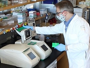 Person wearing PPE, looking at lab equipment