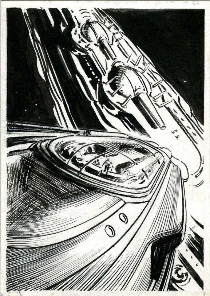 Black and white illustration of two futuristic spaceships battling in space.