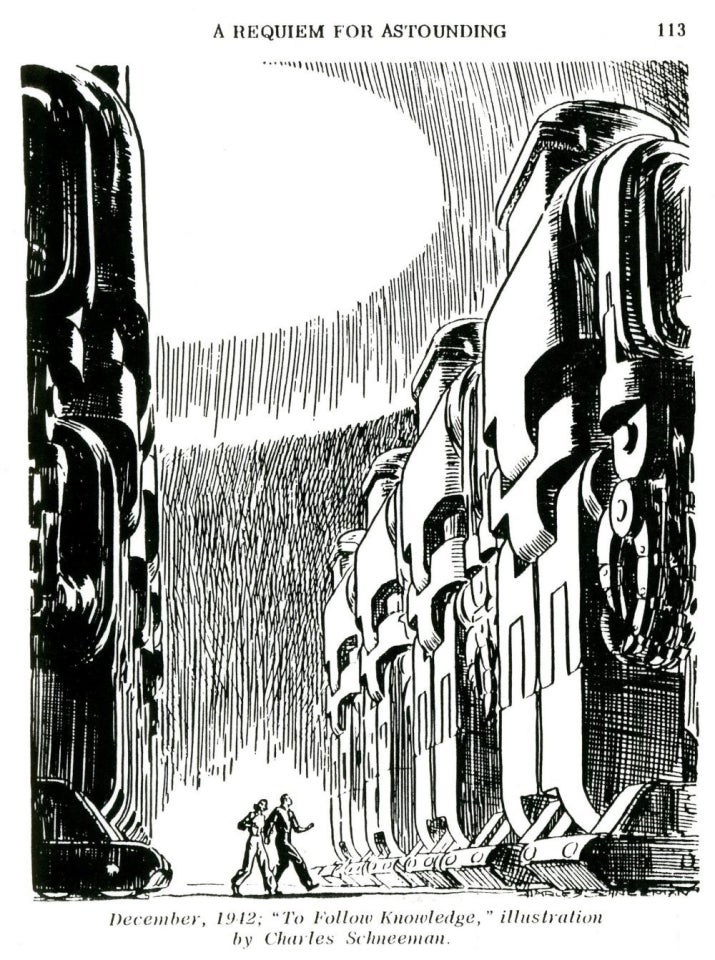 Black and white illustration of a man and woman walking between rows of giant robots, titled “To Follow Knowledge.”
