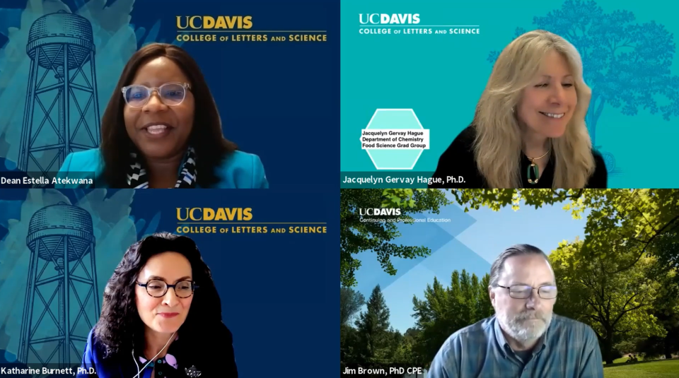 Speakers at the Uniquely UC Davis: The Study of Tea Culture and Science Plugged in event. Top left clockwise: Dean Estella Atekwana, Jacquelyn Gervay Hague, Katharine Burnett, and Jim Brown.