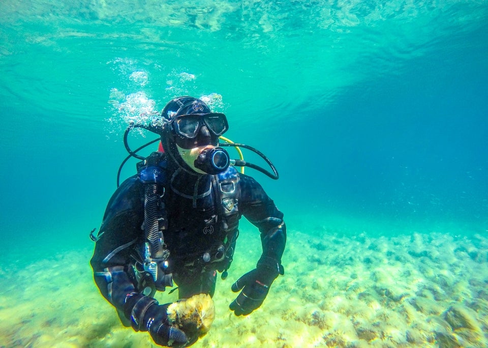 Brandon Berry, dive officer at the UC Davis Tahoe Environmental Research Center, inspects algae growth in Lake Tahoe.