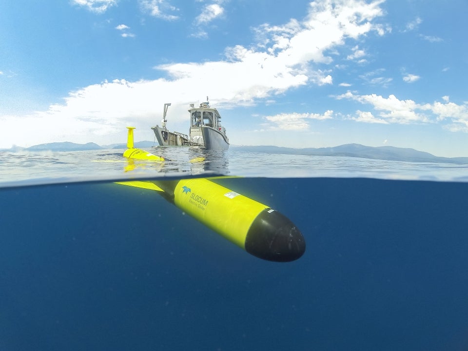 An autonomous underwater vehicle launched from a vessel in Lake Tahoe.