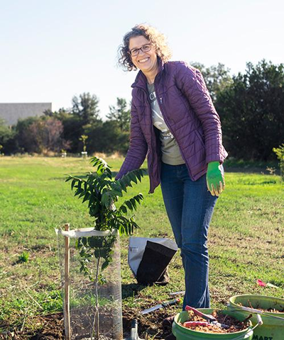 Emily Griswold, senior staff horticulturalist for the UC Davis Arboretum and Public Garden wears green gardening gloves and a purple puffer jacket while posing next to a recently planted tree with a brace and netting around it.