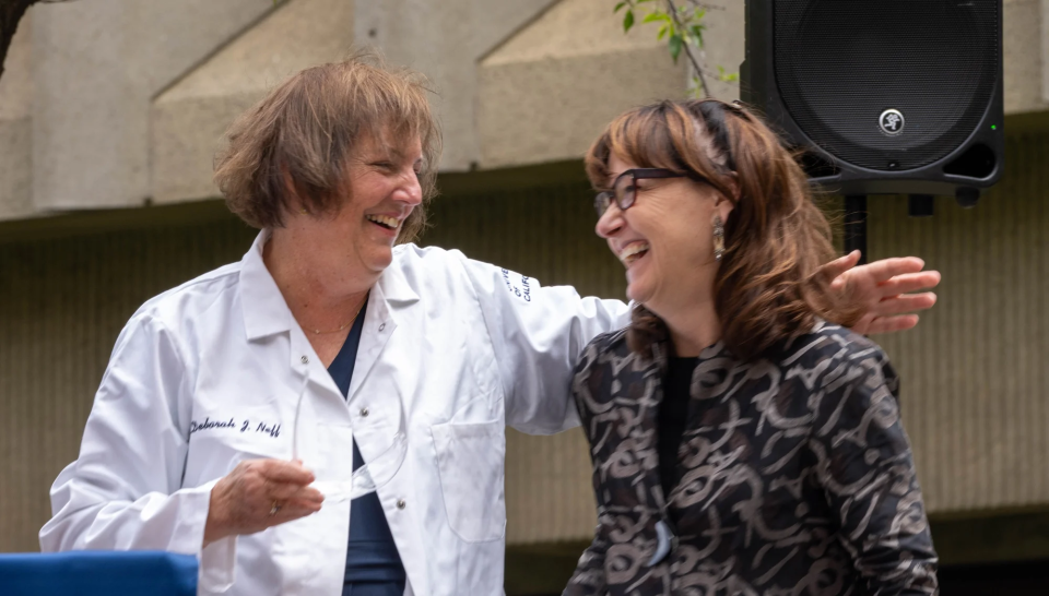 Neff, left, with Kimberley McAllister, director of the Center for Neuroscience. (Sasha Bakhter/UC Davis)