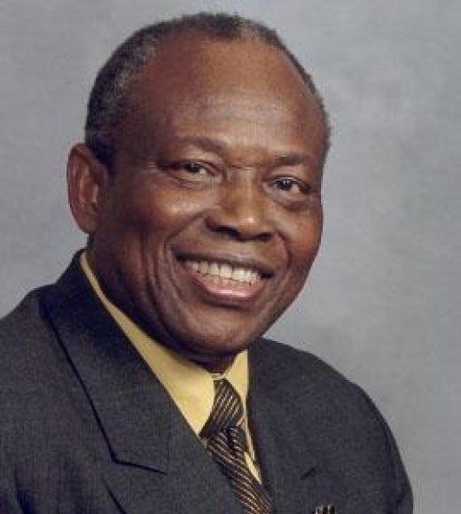 Augustine O. Esogbue wearing a charcoal colored suit and black and gold pinstripe tie in front of a light grey backdrop.