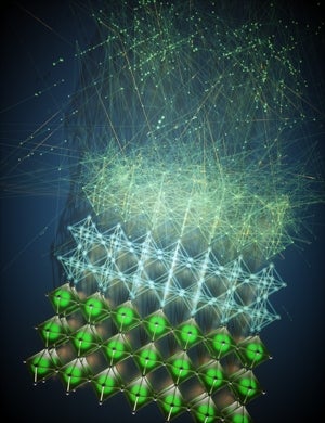 Artistic representation of halide perovskite structures, an emerging material for electronics and for photonics, as they morph into a neural network.