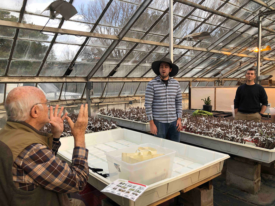 Rod Stiefvater from Oro Vista Farms visit on Feb. 12, which included a stop at Patrick J. Brown's Genetics and Applied Breeding of California Tree Crops lab and greenhouse. (Louise Ferguson / UC Davis)