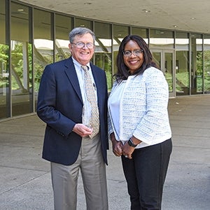 Soderquist Award Winner Kevin Bacon with College of Letters and Science Dean Estella Atekwana.