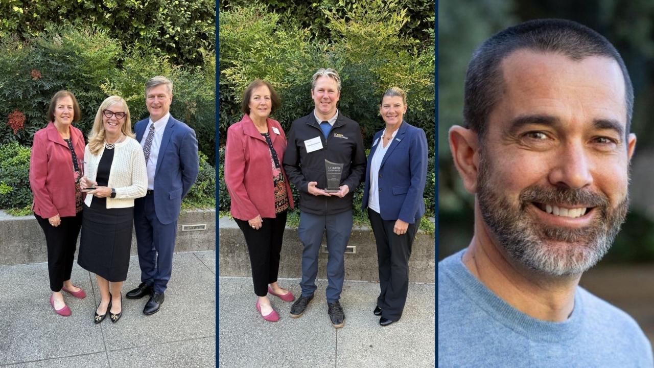Composite of award winners Michelle Linenberger and Professor Ben Montpetit with campus leadership.