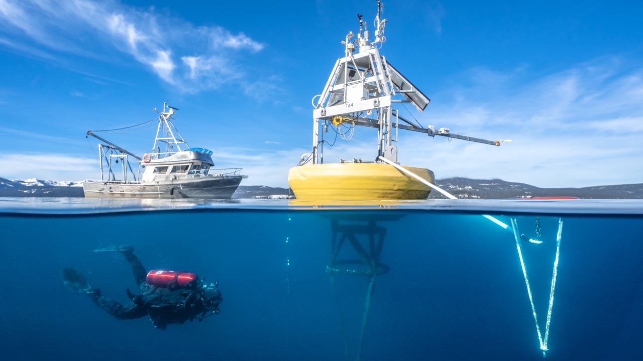 A boat and a buoy in the lake with an underwater diver.