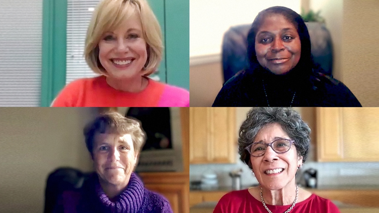 Diane Bryant, Lois Goss, Katy Carlsen and Caroline Cabias in a Zoom grid with a video "play" button overlaid