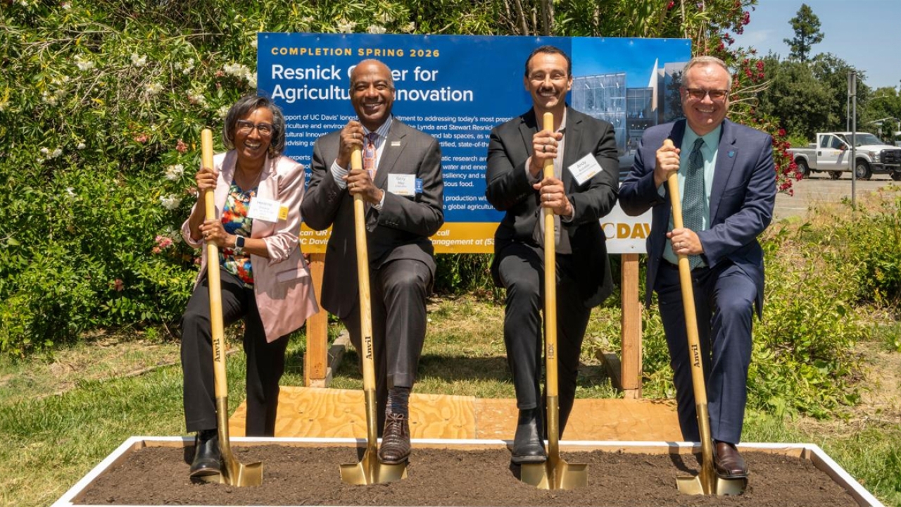 CA&ES Dean Helene Dillard, Chancellor Gary S. May, Wonderful Company’s Chief Operating Officer of Corporate Social Responsibility Andy Anzaldo and Vice Chancellor for Development and Alumni Relations Shaun Keister at the groundbreaking of the Lynda and Stewart Resnick Center for Agricultural Innovation.
