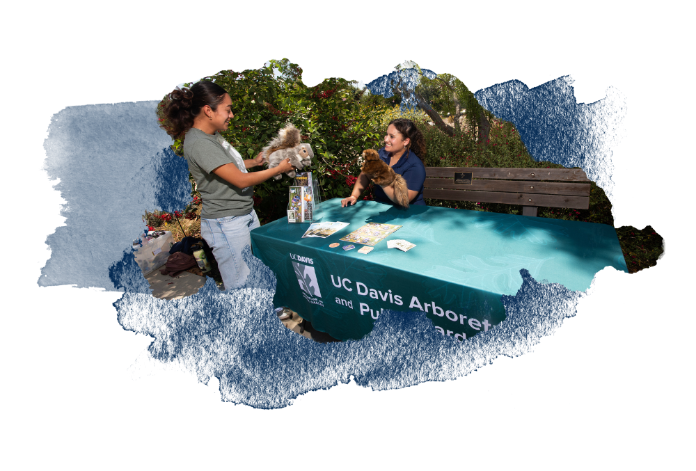 Two Learning by Leading program participants smiling and holding up squirrel plushies at a long table with a UC Davis Arboretum tablecloth.