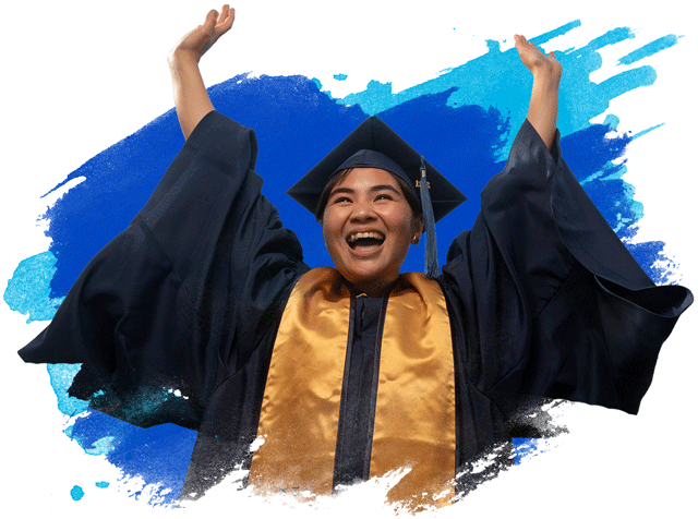 a student in graduation regalia raising their hands in joy and cheering