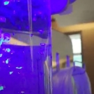 Part of a calming station at the UC Davis MIND Institute - a tube filled with liquid lit up with purple and blue lights